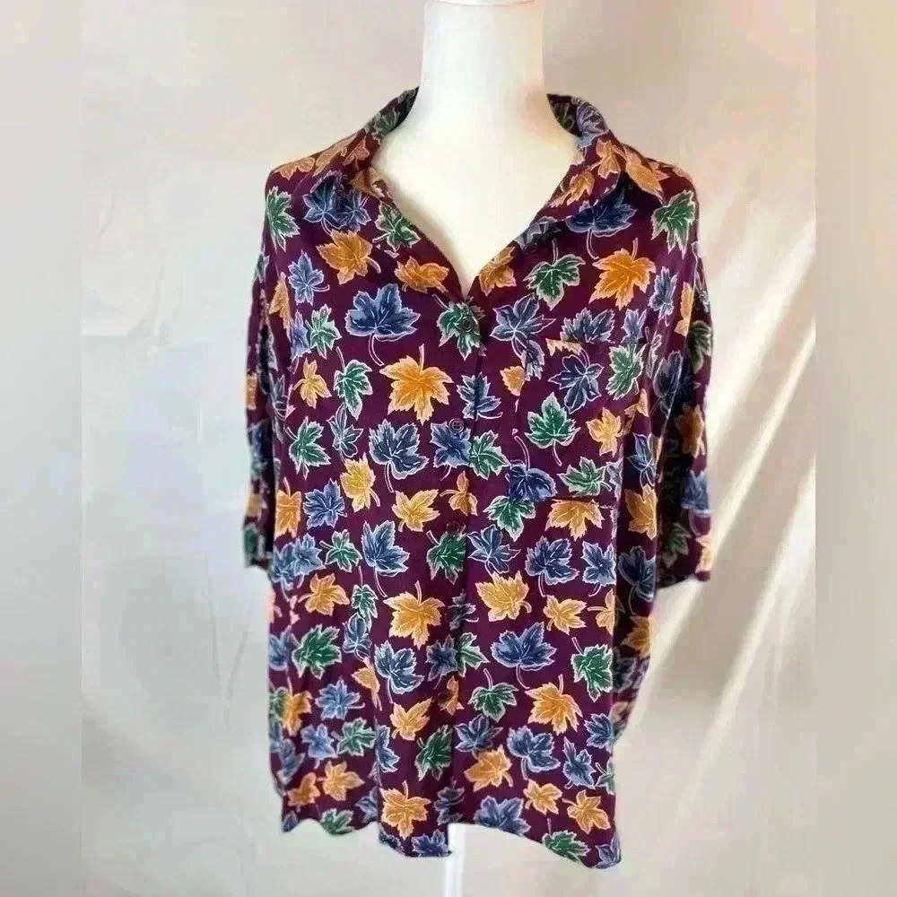GOLDEN WINGS Vintage SS Rayon Button Up Shirt 80's‎ 90's Colorful Leaves M L